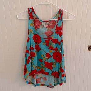 Billabong Floral Blue and Red Flowy Tank Top with Front Pocket
